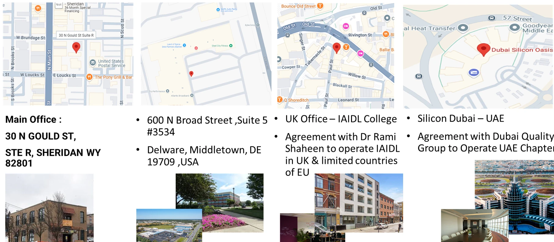 IAIDL office locations — Wyoming, Delaware, UK and Dubai